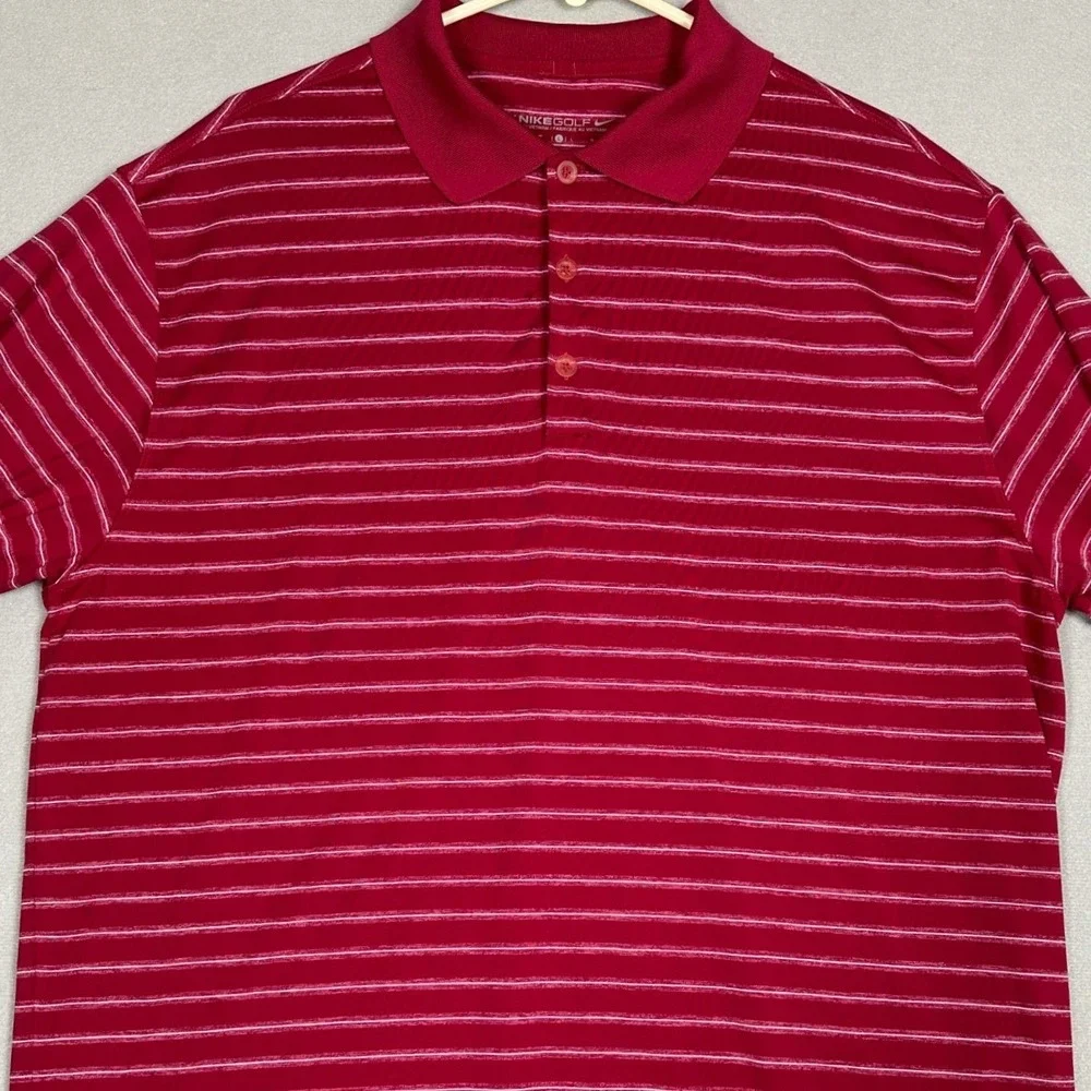 Nike Golf Polo Shirt Mens Large Red Striped Dri-Fit Performance Stretch Rugby